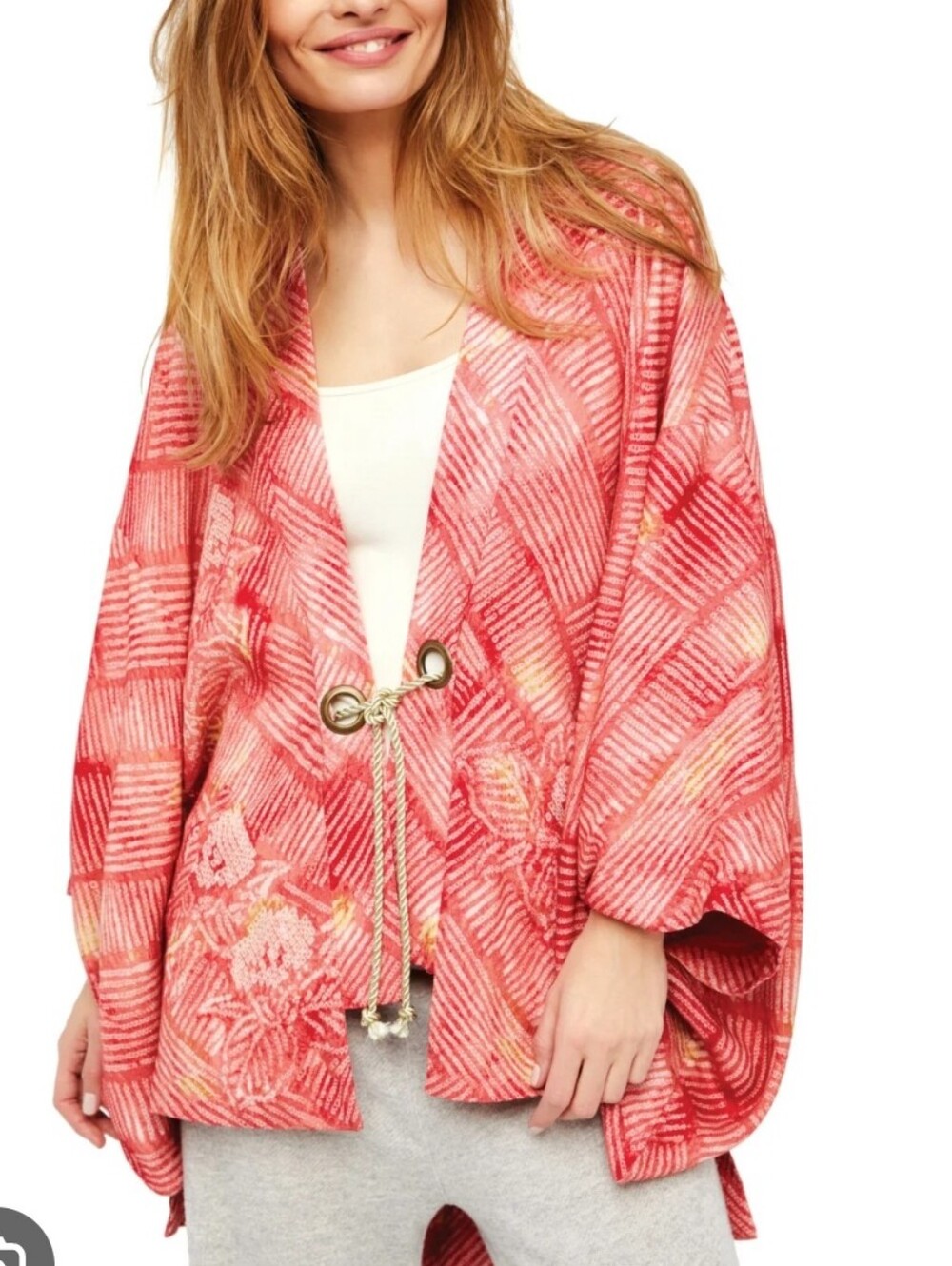 Free People OS Shibori Kimono Blazor Jacket Floral Gold Metallic Rope Bohemian
